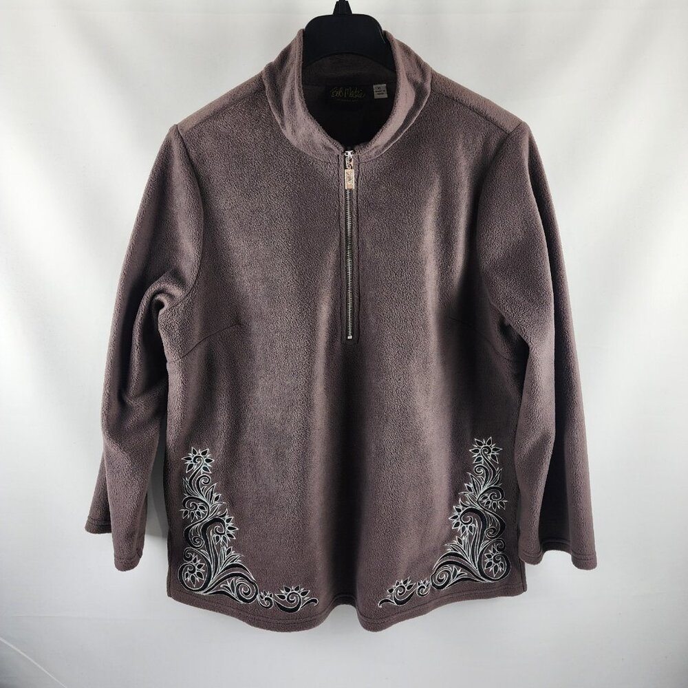 Bob Mackie Shirt Womens XL Brown Fleece Wearable Art Embroidered 1/2 Zip